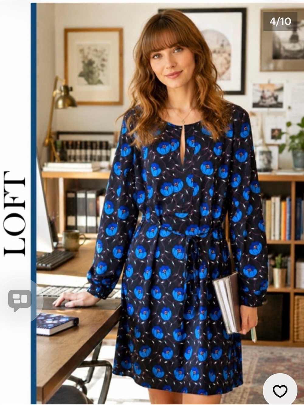 LOFT Navy Blue Floral Tie-Waist Long-Sleeve Dress